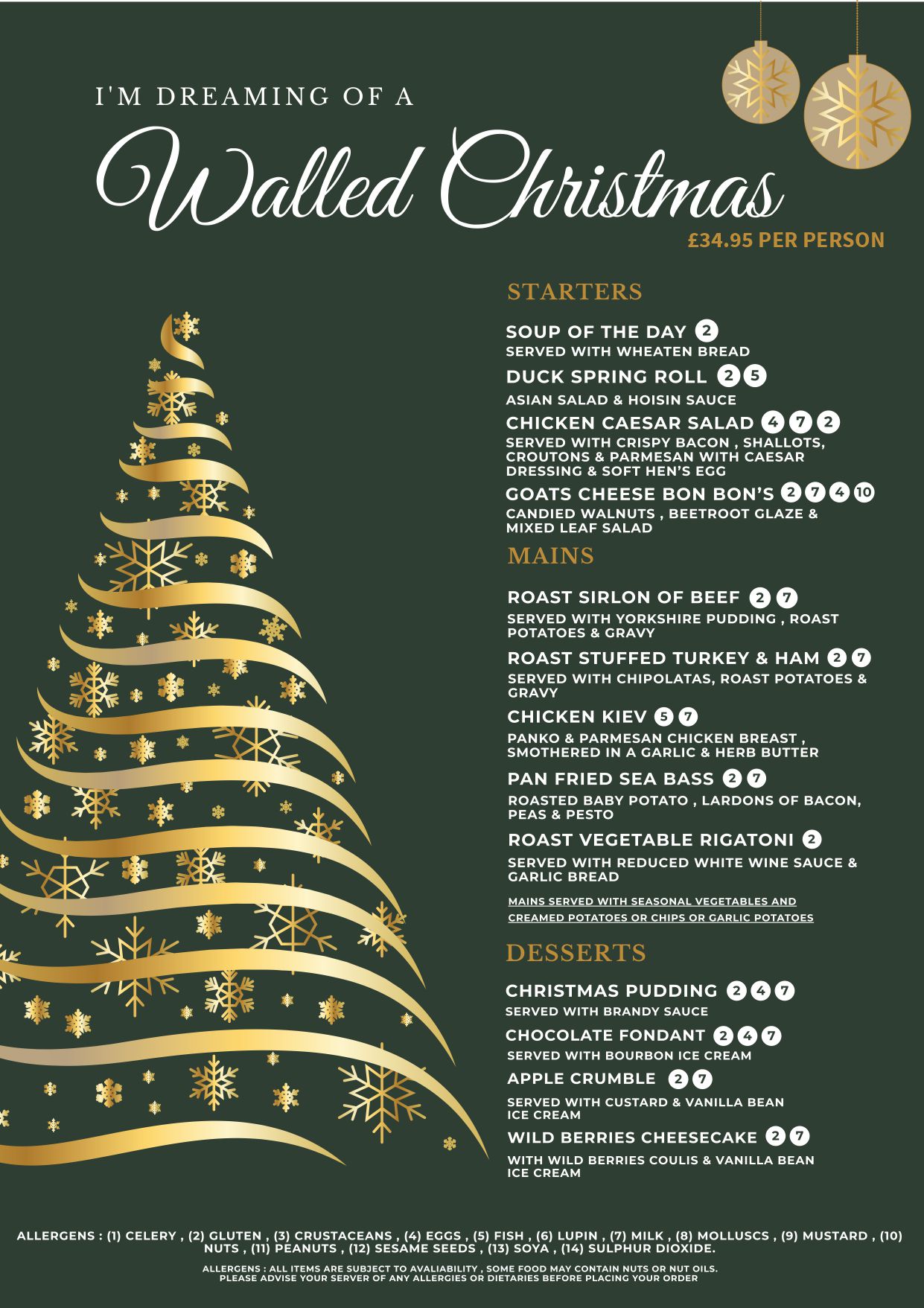 Walled City Hotel three-course Christmas dinner menu